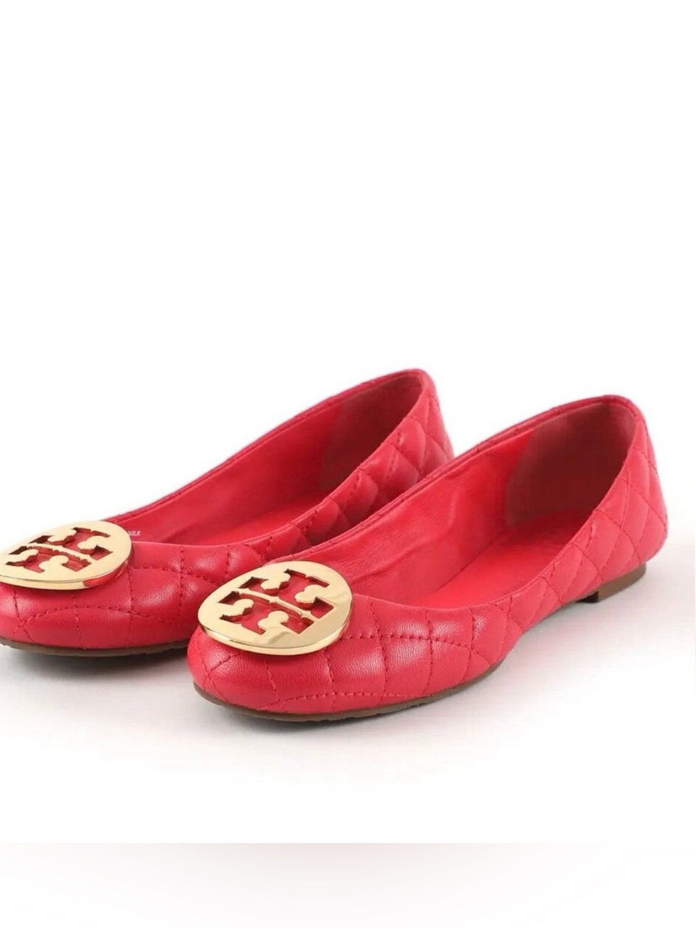 Tory Burch Red Quilted Ballet Flats with Gold Logo